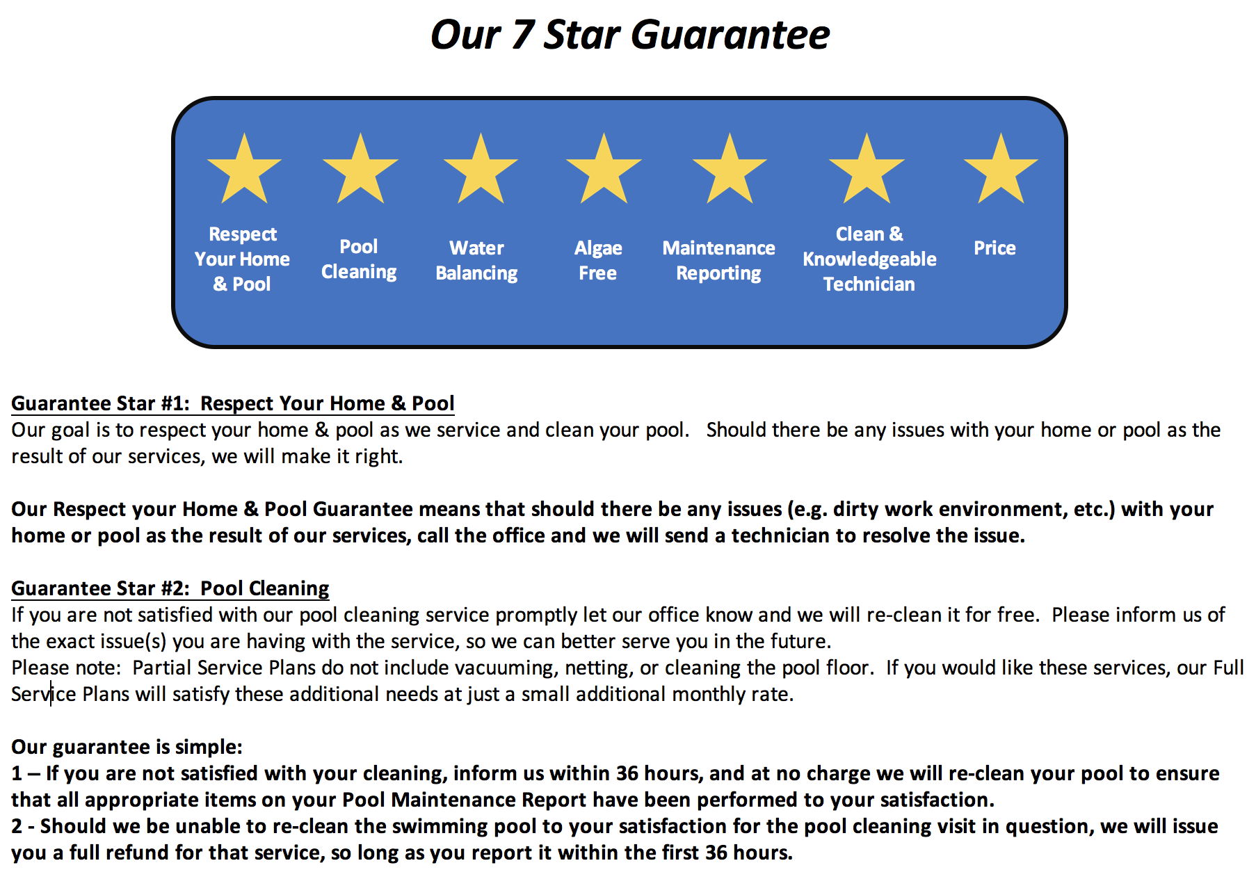 7 Star Taylor Pool Service Guarantee