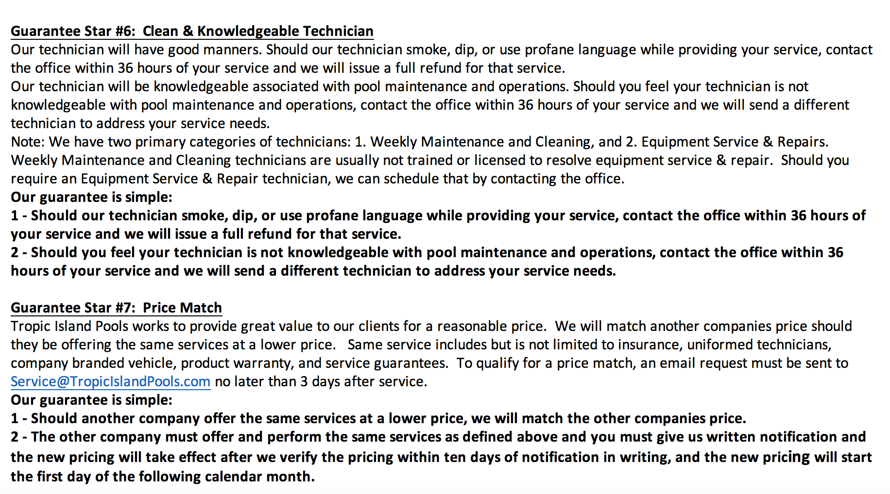 7 Star Taylor Pool Service Guarantee